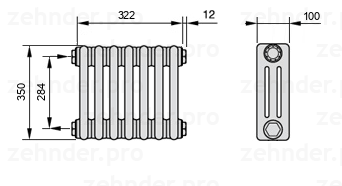 Схема (чертеж) Радиатор Zehnder Charleston 3035/7 №1270 Белый глянцевый RAL 9016